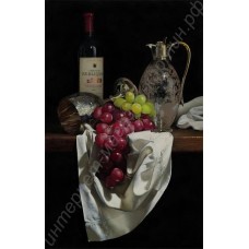 Натюрморт: виноград и бокалы для вина, выполненный маслом на холсте